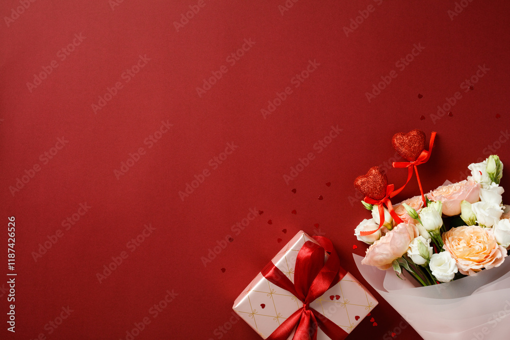 © photoguns - Valentines Day background with a bouquet of roses, a gift box wrapped in white paper with a red ribbon, and red glitter hearts on a red backdrop. Perfect for romantic and festive themes © photoguns - Valentines Day background with a bouquet of roses, a gift box wrapped in white paper with a red ribbon, and red glitter hearts on a red backdrop. Perfect for romantic and festive themes