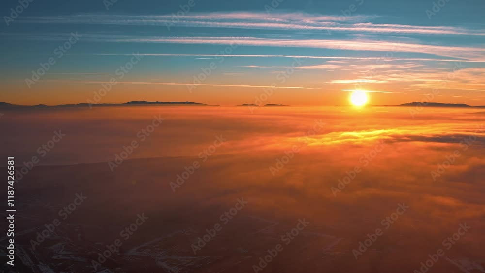 This video captures a stunning sunrise above a sea of clouds, with the sun casting a warm golden glow over the misty landscape. The vibrant orange and blue sky creates a serene. This video captures a stunning sunrise above a sea of clouds, with the sun casting a warm golden glow over the misty landscape. The vibrant orange and blue sky creates a serene.