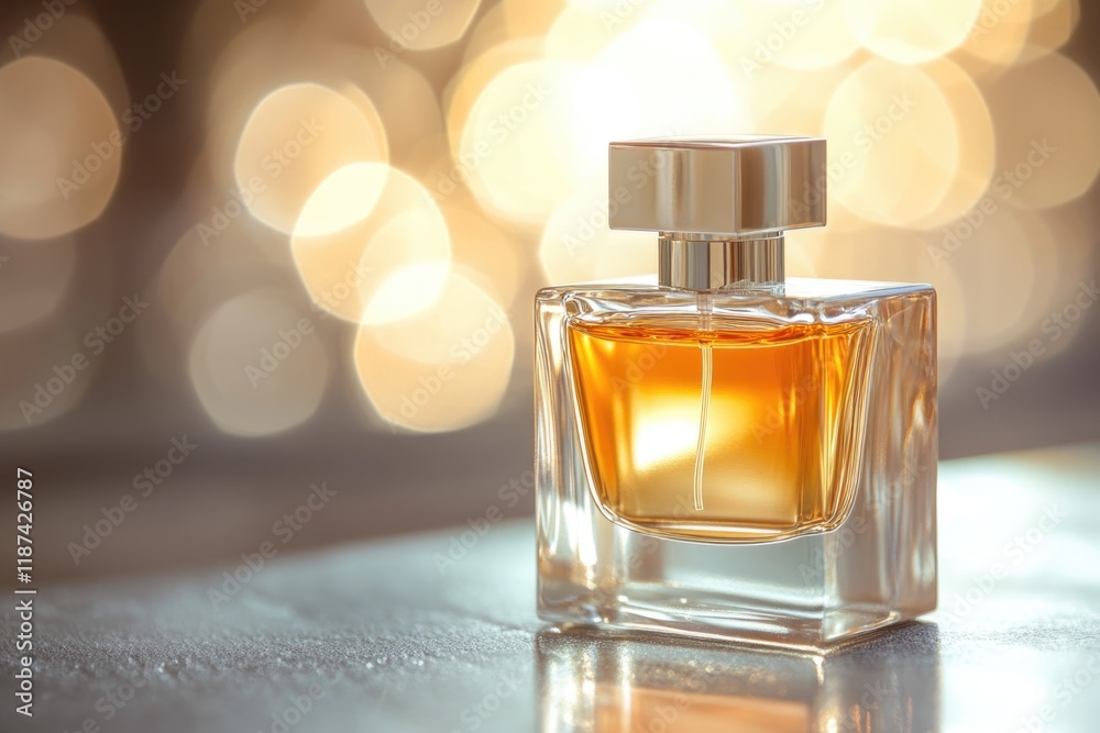 A single bottle of perfume placed on a table, great for use in home decor or product promotion A single bottle of perfume placed on a table, great for use in home decor or product promotion