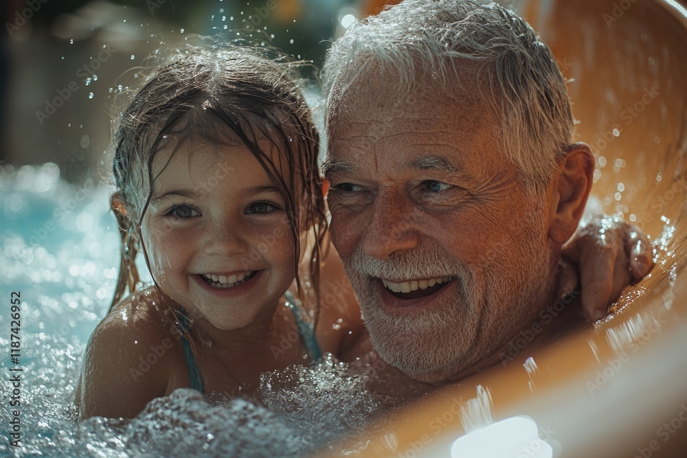 Obraz premium A scene of intergenerational connection, featuring an older man and a young girl enjoying time together by the pool