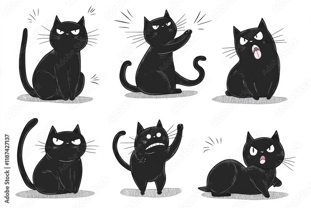 A group of black cats with various facial expressions, great for use in animal-themed illustrations or as a metaphorical representation of human emotions A group of black cats with various facial expressions, great for use in animal-themed illustrations or as a metaphorical representation of human emotions