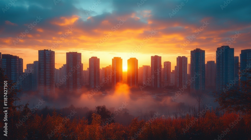 Fototapeta premium city around field and sunrise