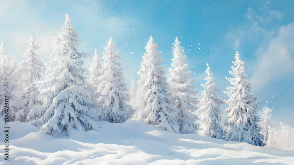 Naklejka premium The idyllic landscape of the white christmas trees in the forest covered with snow, snowdrifts and snowfall against the blue sky on a sunny day in nature, shades of blue. Stardrift. Illustration