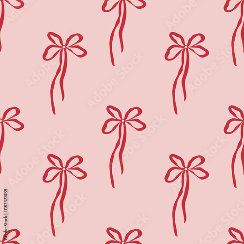 Cherry bow whimsical doodle. Hand drawn seamless rococo pattern
