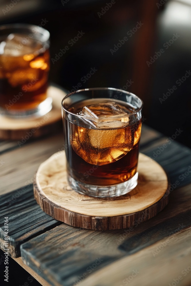 Two glasses filled with whiskey sit on a rustic wooden table Two glasses filled with whiskey sit on a rustic wooden table