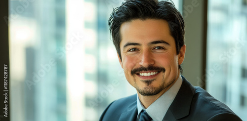 A well-dressed man with dark hair and a mustache smiles warmly while sitting in a bright office with large windows overlooking a city skyline. Sunlight fills the room.