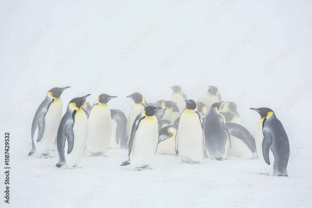 Obraz premium A group of emperor penguins huddling together for warmth on the Antarctic ice during a blizzard.