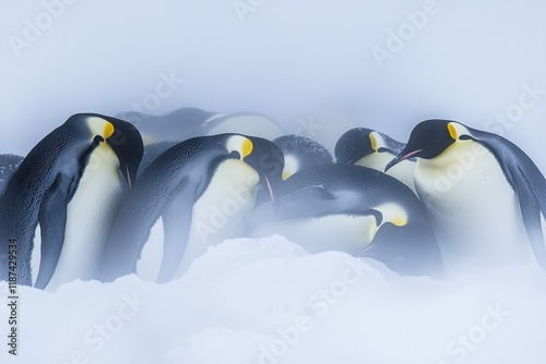 A group of emperor penguins huddling together for warmth on the Antarctic ice during a blizzard. photo