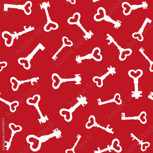 Key icon in flat style. Password vector illustration on red isolated background. Access seamless pattern business concept