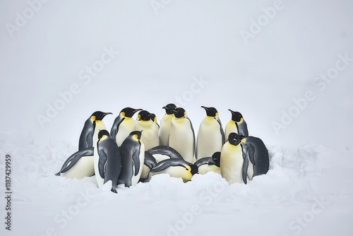 A group of emperor penguins huddling together for warmth on the Antarctic ice during a blizzard. photo