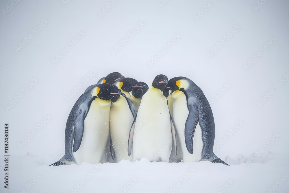Obraz premium A group of emperor penguins huddling together for warmth on the Antarctic ice during a blizzard.