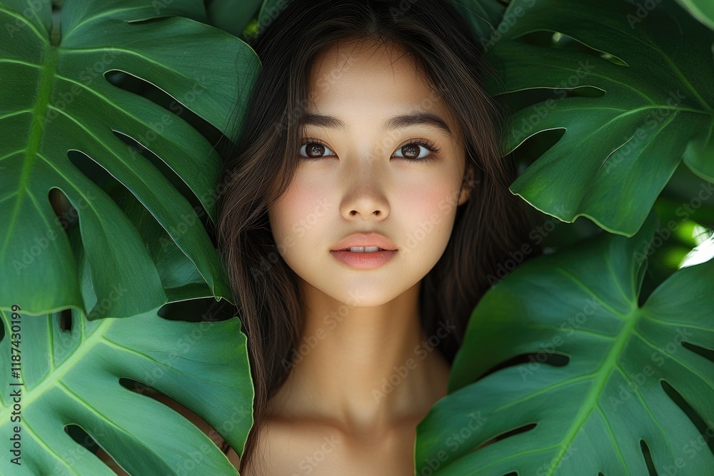 A woman stands amidst a cluster of lush green leaves A woman stands amidst a cluster of lush green leaves