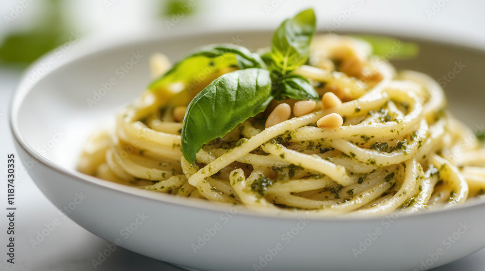 macaroni pasta seasoned with fresh pesto sauce and bright basil makes for an appetizing dish beautifully arranged. place for text. food background, recipe macaroni pasta seasoned with fresh pesto sauce and bright basil makes for an appetizing dish beautifully arranged. place for text. food background, recipe