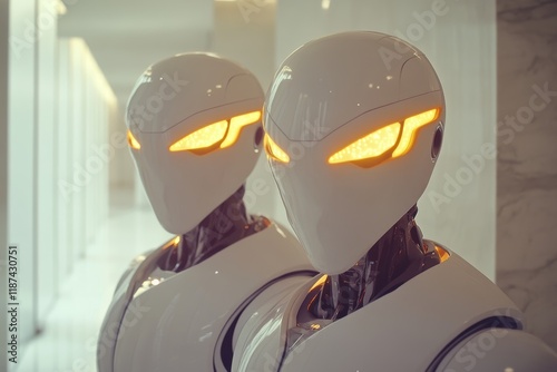 Stock image depicting white futuristic robots from the side, standing and facing the camera in an illuminated modern space. photo