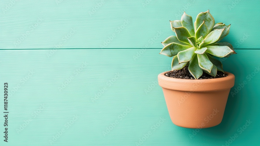 Fototapeta premium Small succulent plant in clay pot on teal-painted wall panel, facing turquoise wall