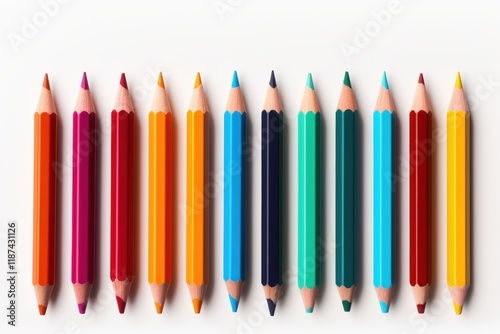 Colorful assortment of colored pencils arranged in a linear pattern on a white surface