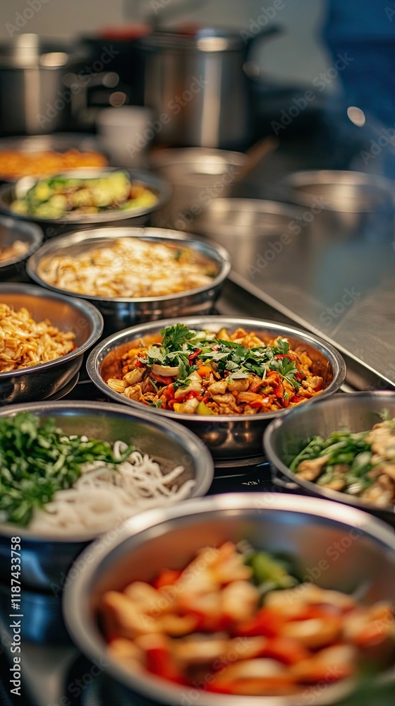Many bowls of prepared food, ready to serve. Many bowls of prepared food, ready to serve.