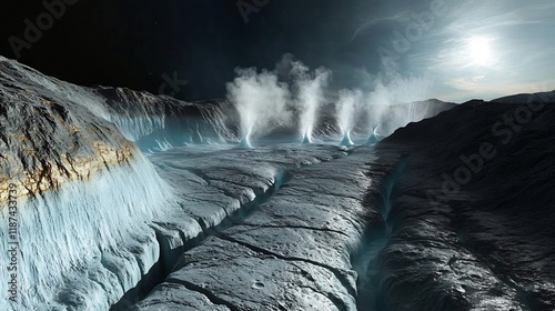 Alien landscape of icy moons like Enceladus showing cracks geysers emitting vapor photo