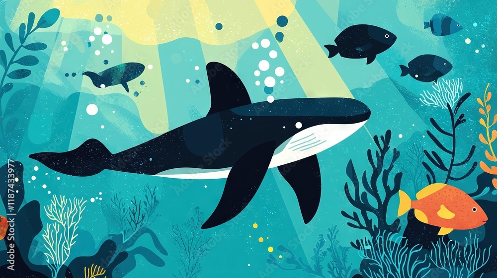 Obraz premium An illustration of an orca swimming in the ocean with fish and seaweed on the bottom of the water