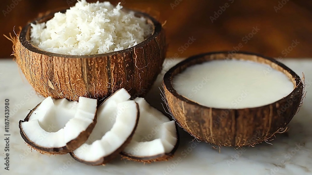 Fresh coconut in shell with shredded coconut and milk.