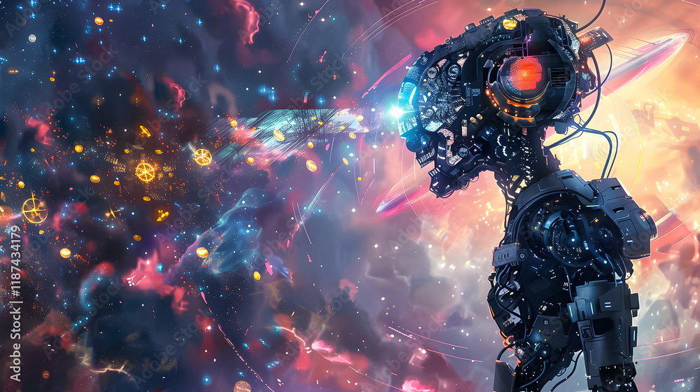 Futuristic robot gazes into the cosmos, exploring the mysteries of space and technology in vibrant colors Futuristic robot gazes into the cosmos, exploring the mysteries of space and technology in vibrant colors
