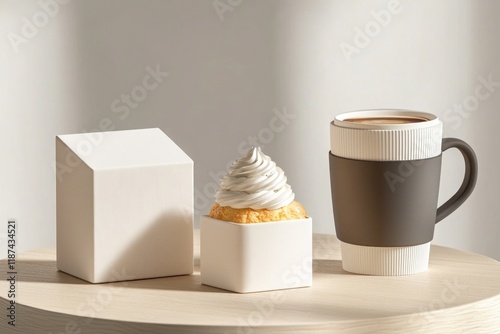 A cup of coffee and a cupcake sit on a table, inviting you to take a break photo