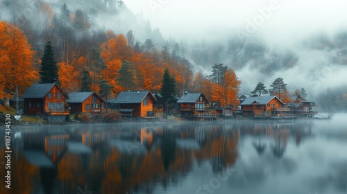 foggy panorama of the village on the lake autumn dawn fog over the village houses village on the shore of the lake in the fog