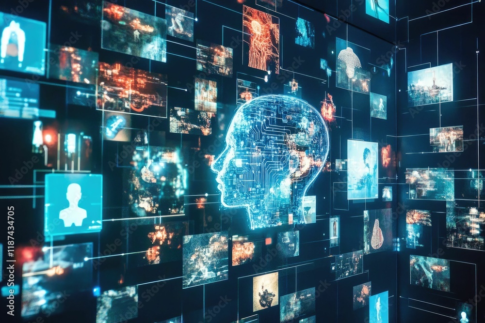 Obraz premium Digital head, interconnected data streams, glowing images.