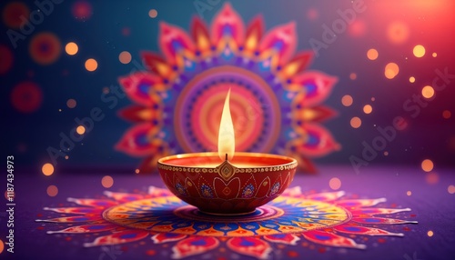 Diwali celebration image shows vibrant design template with decorative lamp, golden lights on colorful mandala background. Festive illustration perfect for holiday celebrations. Indian cultural photo