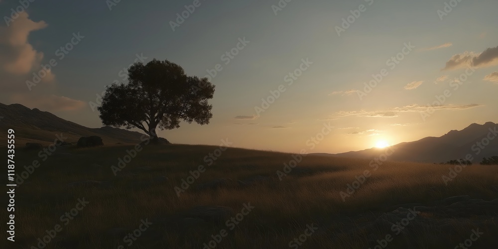 A solitary tree stands proudly on a hill as the sun sets behind majestic mountains, creating a serene and contemplative atmosphere in the landscape. A solitary tree stands proudly on a hill as the sun sets behind majestic mountains, creating a serene and contemplative atmosphere in the landscape.