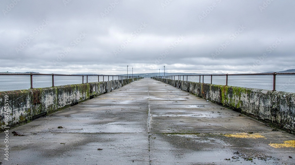 Fototapeta premium A bridge with a fence and water on either side during a cloudy day