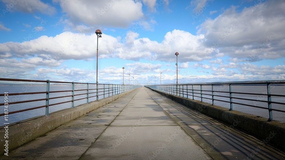 A pier with a light pole and street lights on either side, overlooking a body of water A pier with a light pole and street lights on either side, overlooking a body of water
