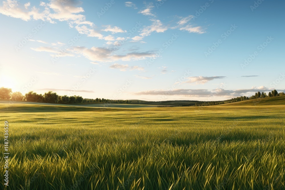 Fototapeta premium Vast green landscape under a clear blue sky with soft clouds during sunrise