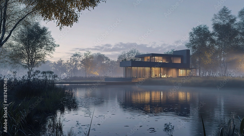 Modern 3D Rendering of House by River at Evening with Mist Effects Modern 3D Rendering of House by River at Evening with Mist Effects