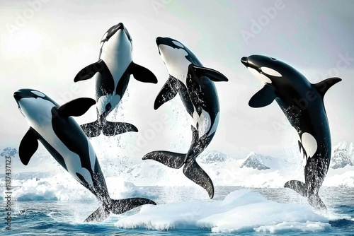 A group of orcas breaching in the icy waters off the coast of Antarctica.