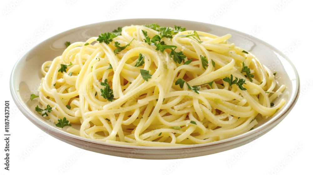 A plate of cooked pasta garnished with fresh herbs viewed from the top on a white background A plate of cooked pasta garnished with fresh herbs viewed from the top on a white background