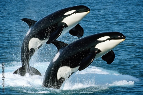 A group of orcas breaching in the icy waters off the coast of Antarctica.