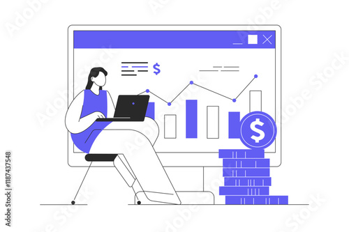 Stock market concept design. Woman invests savings and earns money, analyzes data graph and develops successful strategy. Flat Cartoon Vector Illustration, icon. Stylish abstract