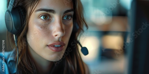 Female employee providing customer support and expert communication while working on an office computer, focusing on advisory roles in telemarketing and online consulting