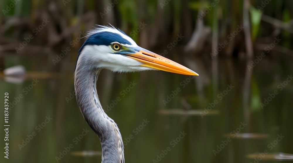 A cinematic depiction of a great blue heron, head tilted, beak slightly open, standing in swamp water, near a cypress tree. Film-like composition and lighting enhance the dramatic style A cinematic depiction of a great blue heron, head tilted, beak slightly open, standing in swamp water, near a cypress tree. Film-like composition and lighting enhance the dramatic style