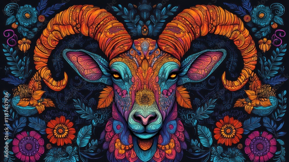 Fototapeta premium Ornate ram head with floral background, vibrant colors.