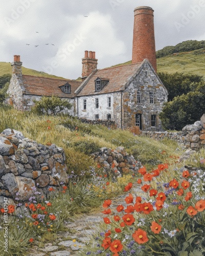 Charming Old Stone Cottage with Poppy Flowers and Historic Chimney in Scenic Countryside Landscape â€“ Idyllic Getaway with Lush Greenery and Rustic Architecture photo