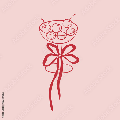 Vector red glas with red whimsical bow and cherry