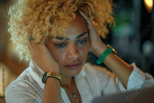 Overwhelmed businesswoman experiencing stress and frustration while working on her laptop, battling a headache and difficulty concentrating due to setbacks or connectivity issues photo