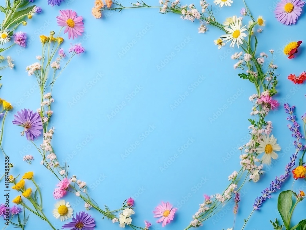 Spring circle frame floral arrangement on blue background with copy space for text. Flat top view. Concept for Easter and spring. Spring circle frame floral arrangement on blue background with copy space for text. Flat top view. Concept for Easter and spring.