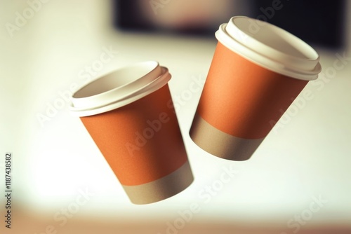 Two coffee cups suspended in mid-air, conveying a sense of whimsy and playfulness