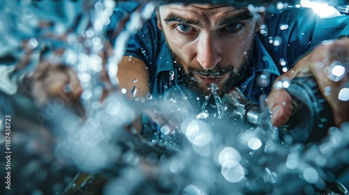 Man using a plunger to fix a clogged kitchen sink, performing maintenance and repairs on plumbing systems and drains with professional equipment photo