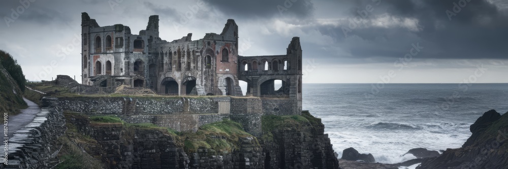 Ancient castle ruins perched atop a cliff overlooking a stormy sea Ancient castle ruins perched atop a cliff overlooking a stormy sea