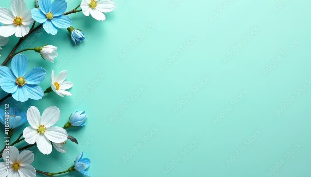 Fototapeta premium Pastel blue floral pattern on mint green backdrop, mint green, summer, vintage