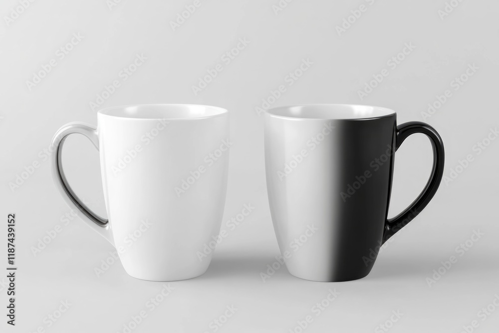 Two white and black coffee mugs sit side by side Two white and black coffee mugs sit side by side
